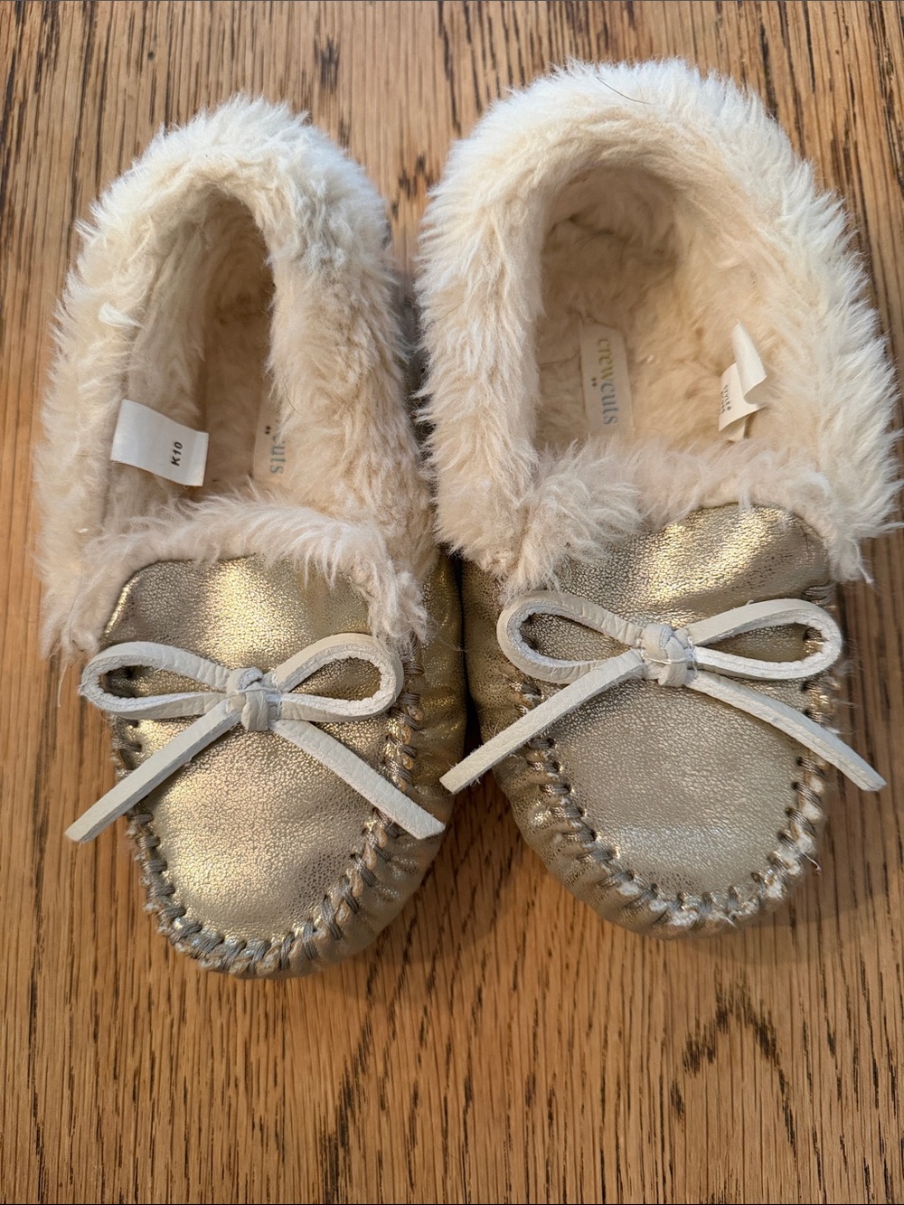 Crewcuts Gold Faux-Fur Trim Moccasin Slippers